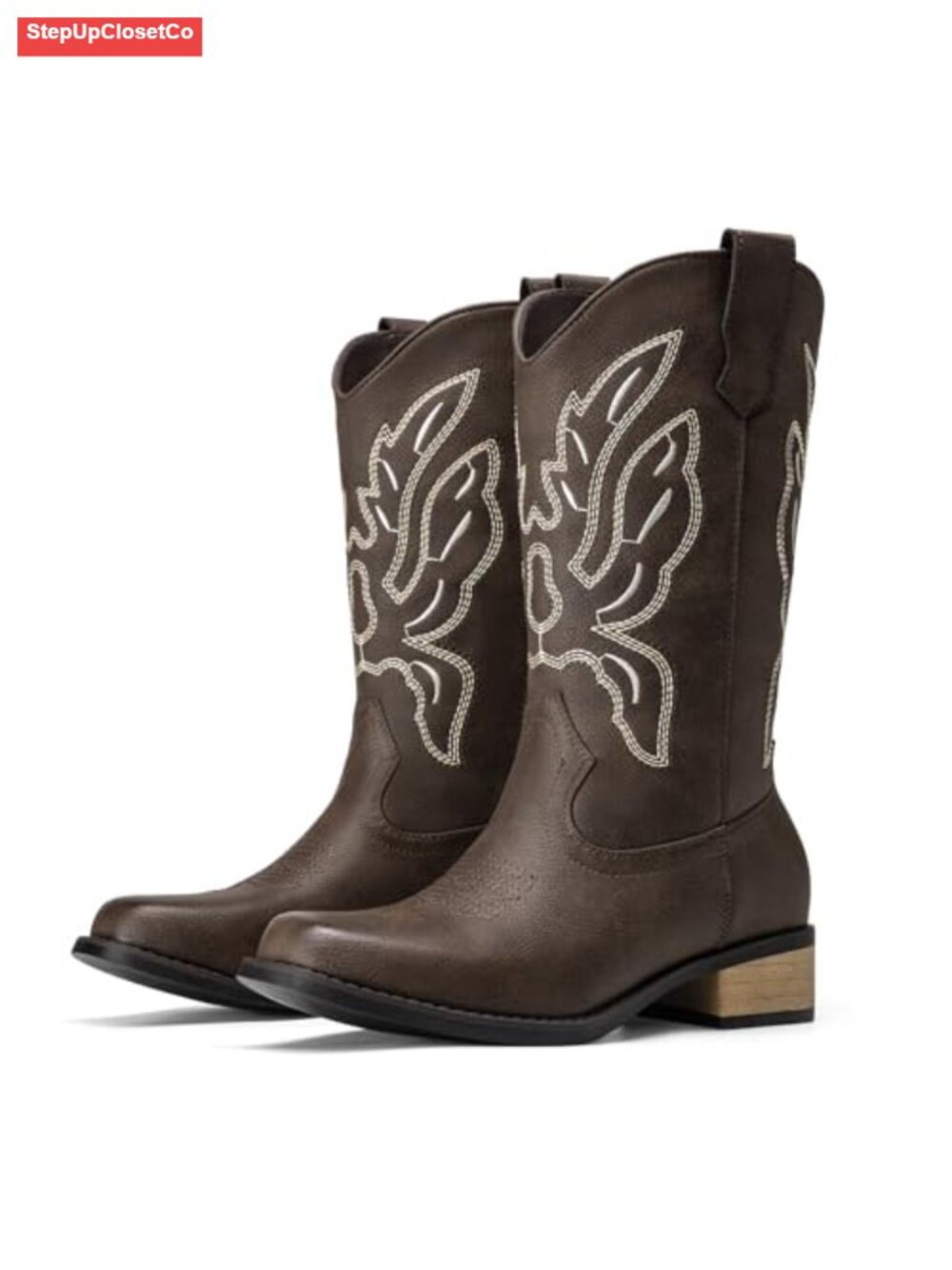 Women's Square Toe Embroidery Western Mid Calf Boots Chunky Heel